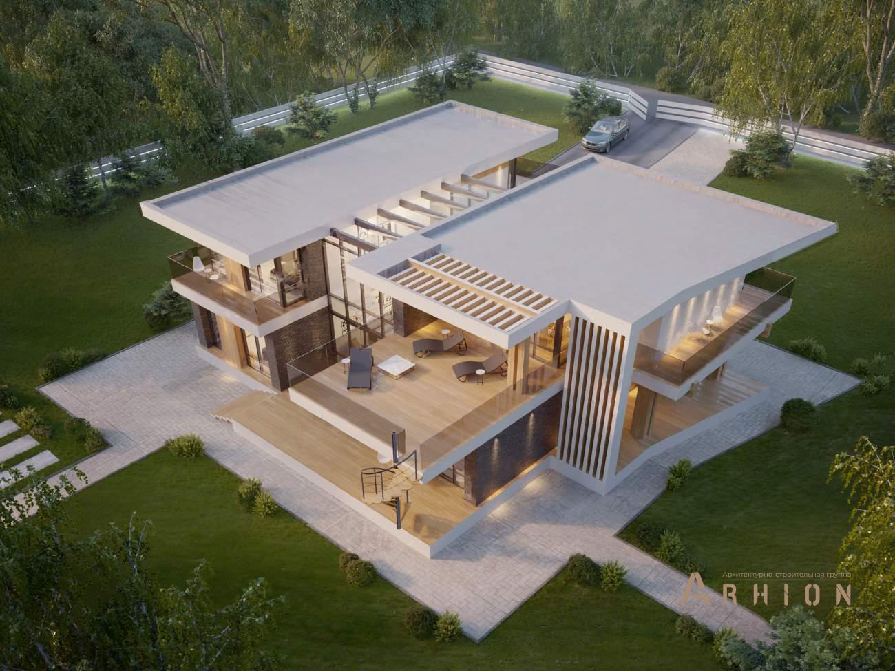 2. Проект двухэтажного дома в стиле хай-тек с плоской кровлей , rh-450, площадью - 450 кв c сауной, терассой, балконом, гаражом, вторым светом